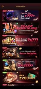 Gaming app promotion page showing daily bonuses, referral rewards, deposit offers, and free spin promotions
