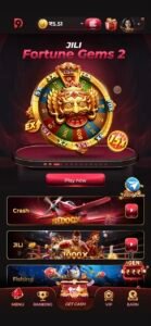 JILI Fortune Gems 2 game screen featuring spinning wheel bonus, play button, and casino game options like crash, slots, and fishing